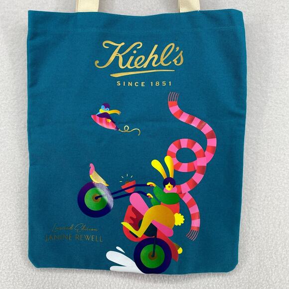 KIEHLS Limited Edition Art Janine Rewell Reusable Canvas Tote Shopping Bag Blue - Picture 2 of 13